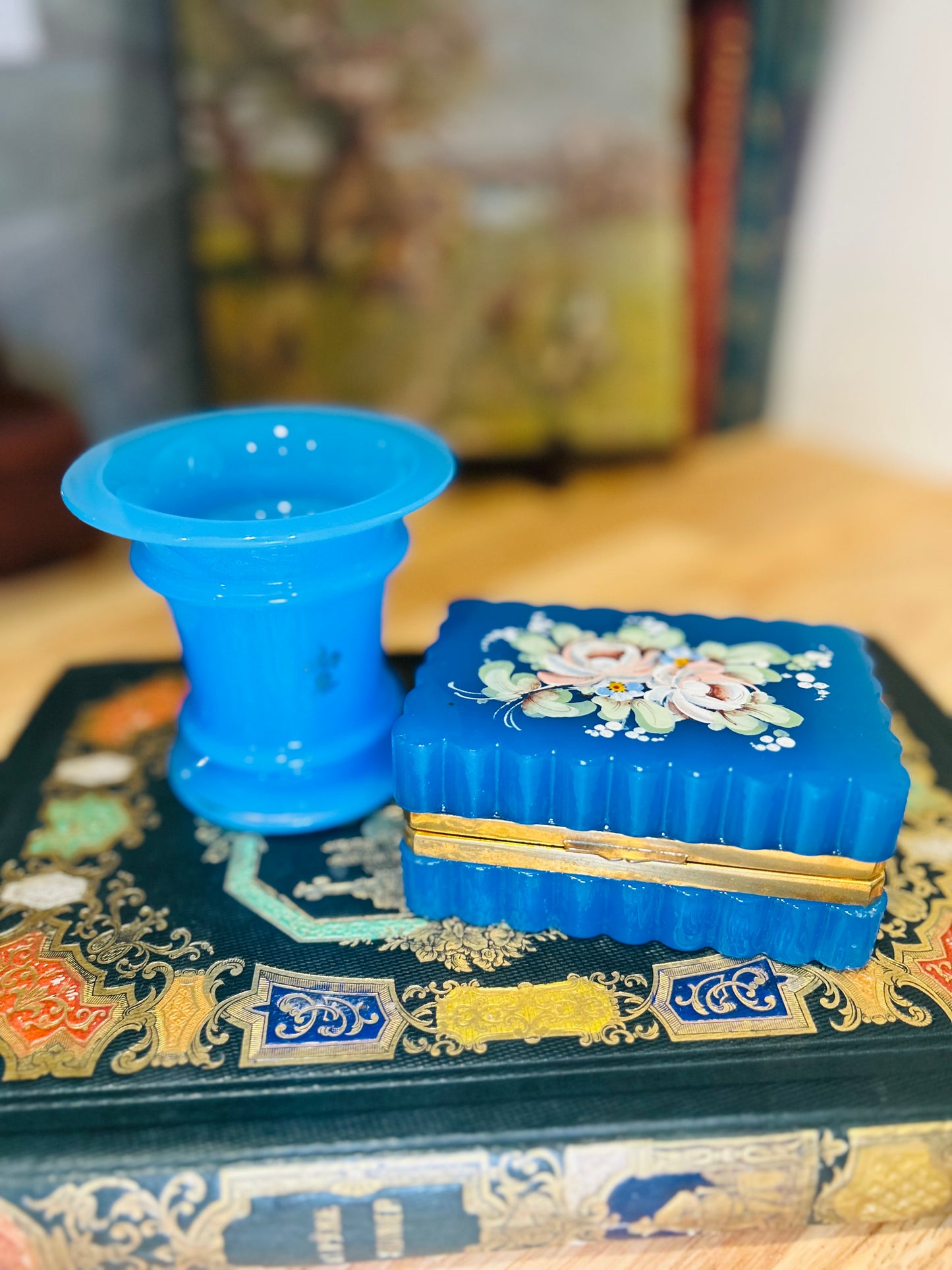 French Antique Blue Handpainted and Fluted Opaline Casket with Ormolu Mounts