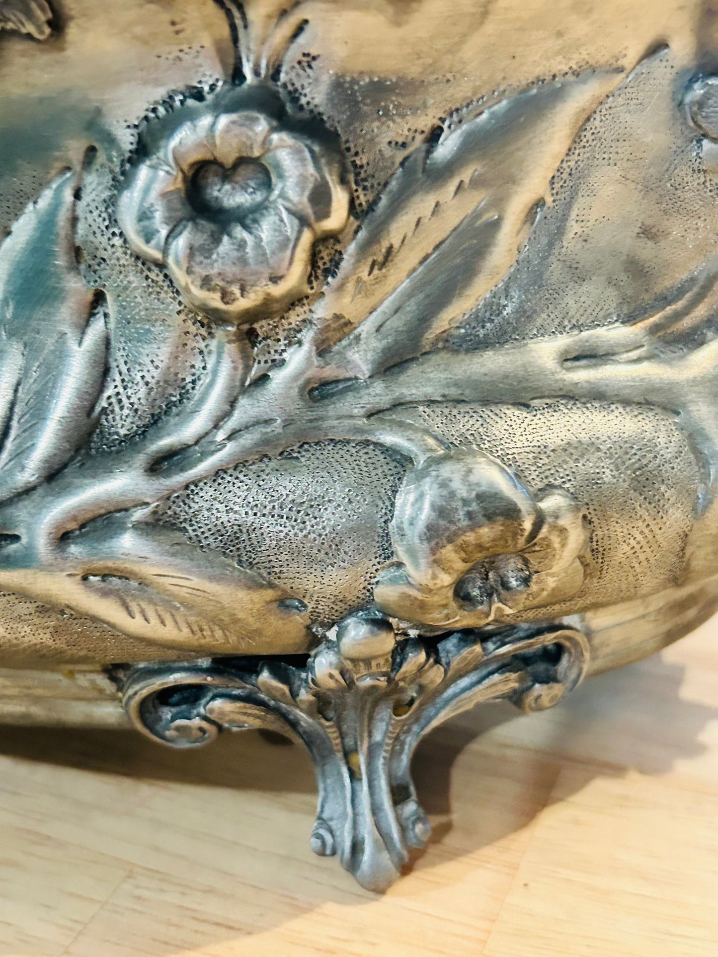 Vintage French pewter jardiniere with dragon handles