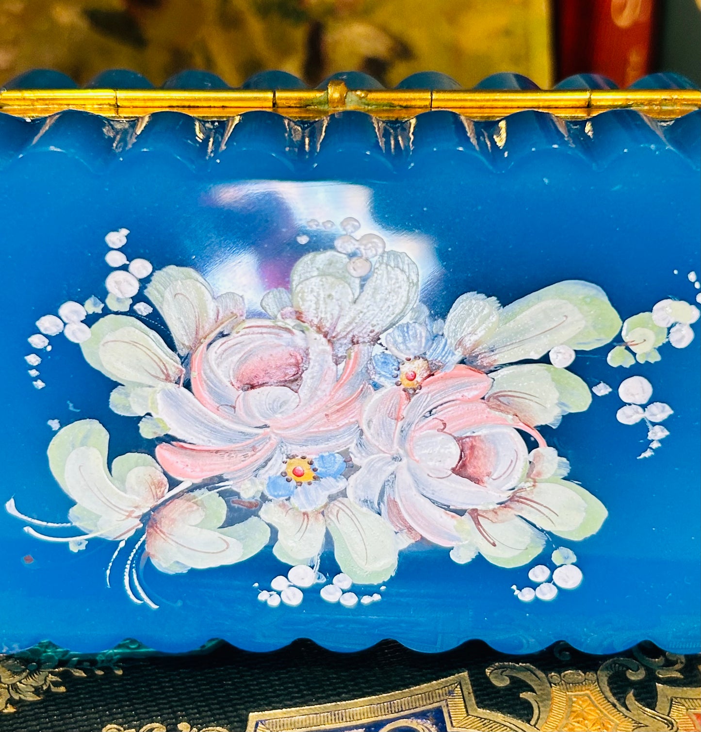 French Antique Blue Handpainted and Fluted Opaline Casket with Ormolu Mounts