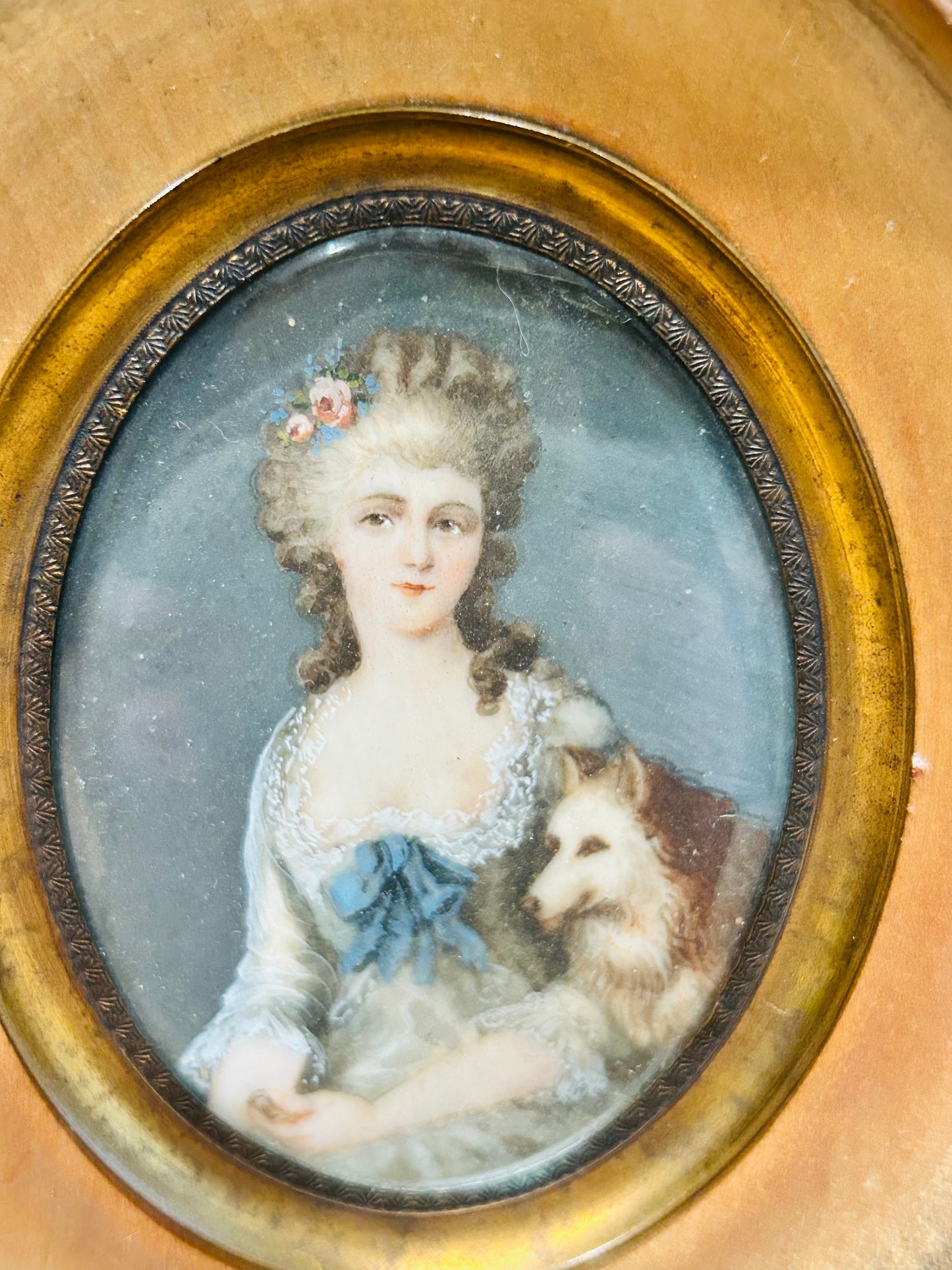 Antique Handpainted French Miniature Portrait Featuring Lady with Her Dog