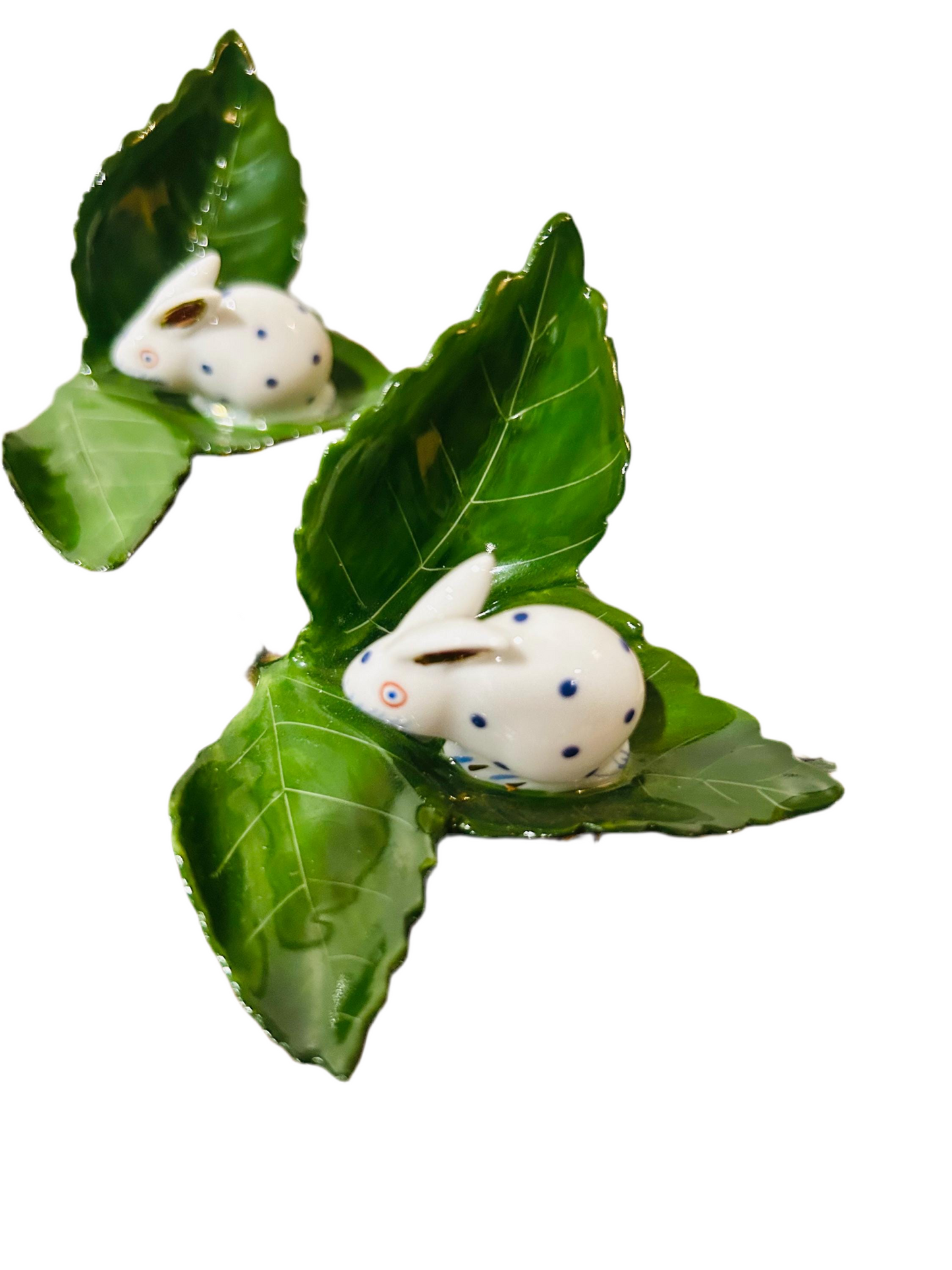 Herend Blue & White Bunny on Green Leaf Placecard Holders