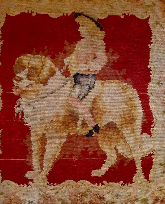 19th-Century Victorian Chenille Tapestry with Boy Riding St. Bernard