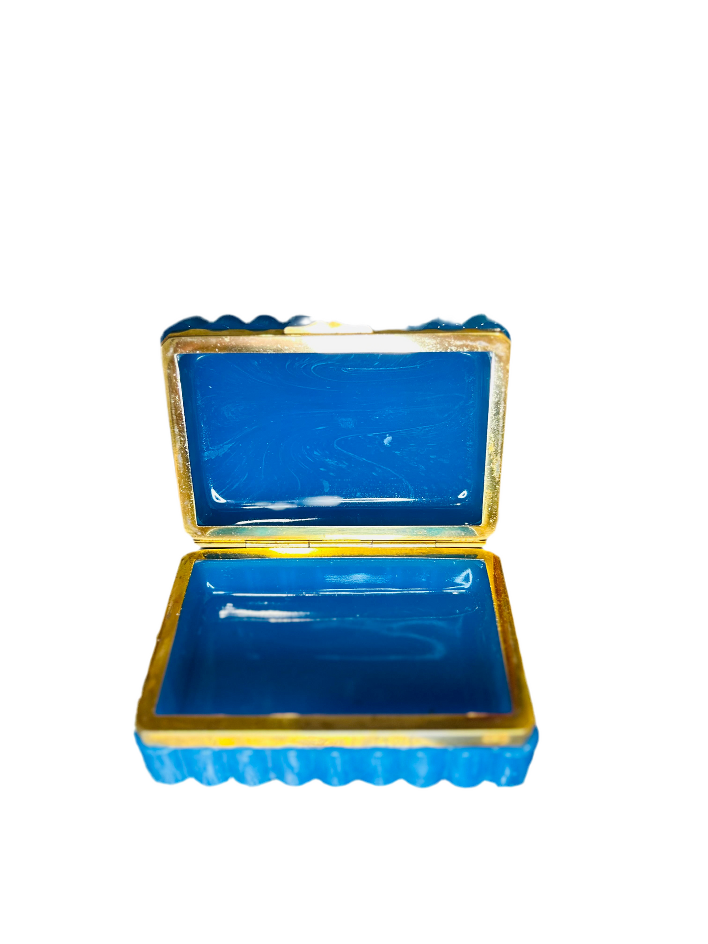 French Antique Blue Handpainted and Fluted  Opaline Casket with Ormolu Mounts