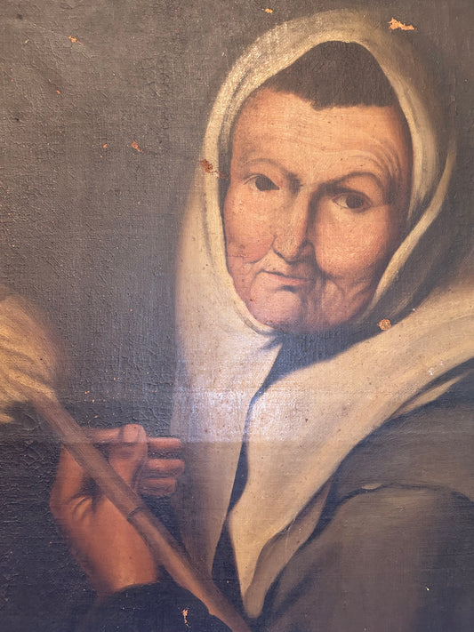 Antique 19th-Century French Oil Painting Featuring Peasant Woman