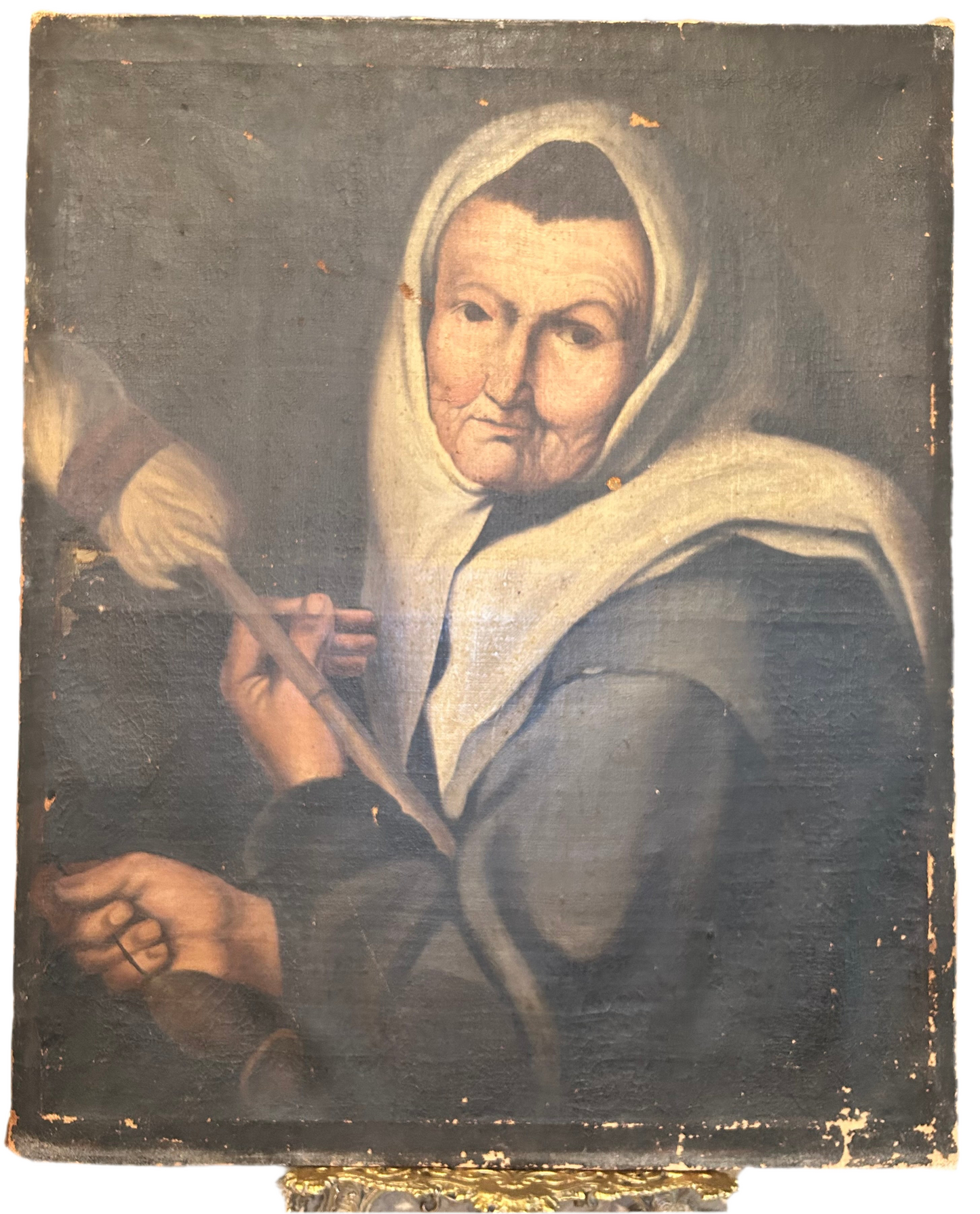 Antique 19th-Century French Oil Painting Featuring Peasant Woman