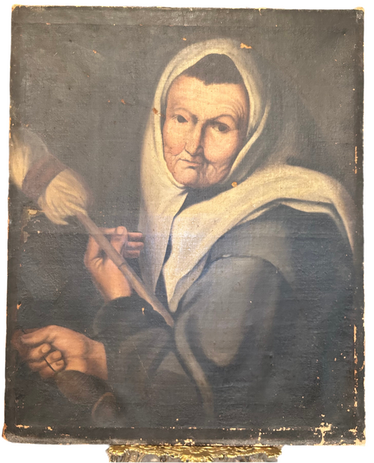 Antique 19th-Century French Oil Painting Featuring Peasant Woman