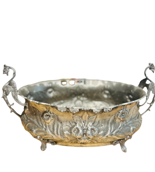 Vintage French pewter jardiniere with dragon handles