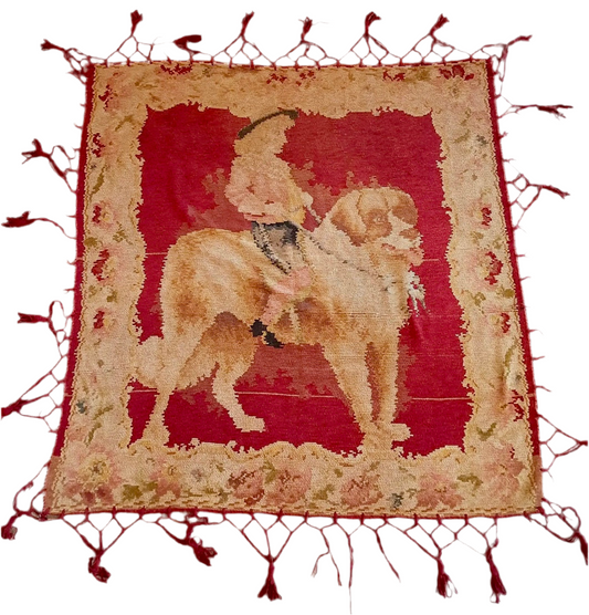 19th-Century Victorian Chenille Tapestry with Boy Riding St. Bernard