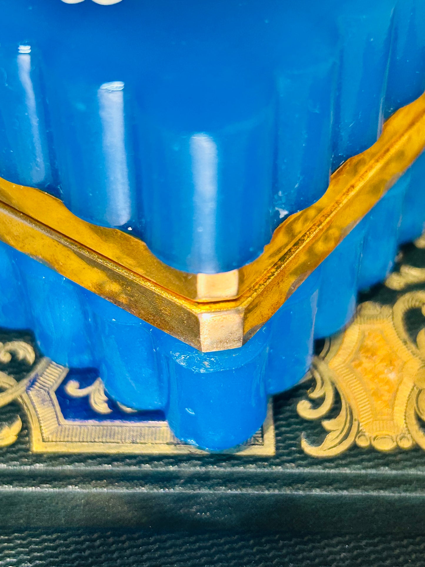 French Antique Blue Handpainted and Fluted  Opaline Casket with Ormolu Mounts