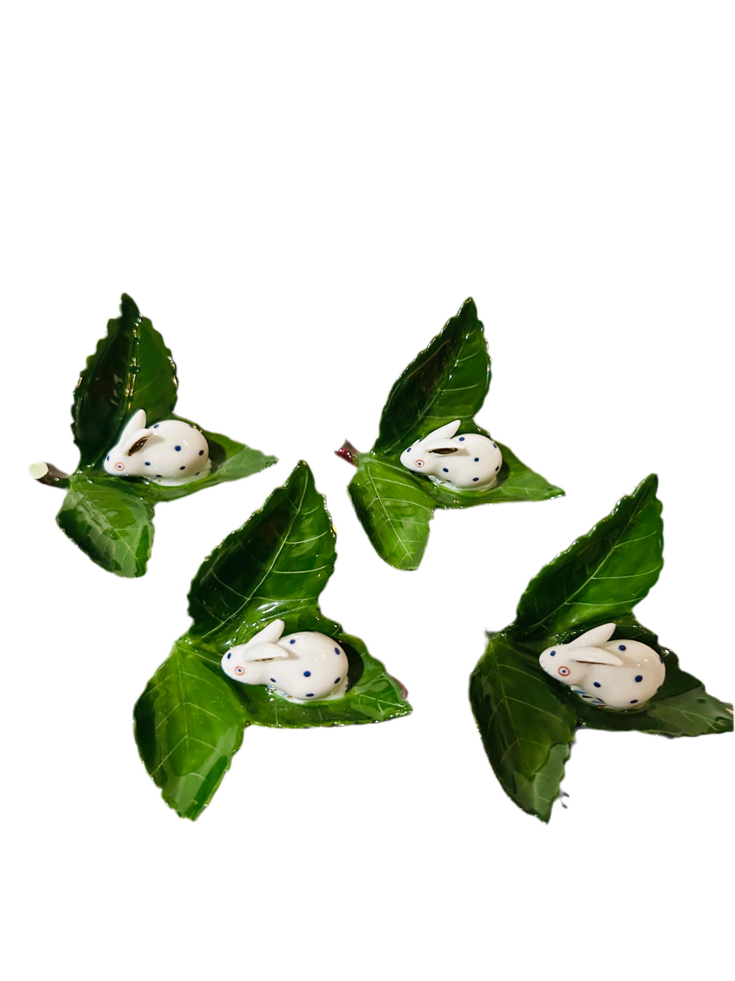 Herend Blue & White Bunny on Green Leaf Placecard Holders