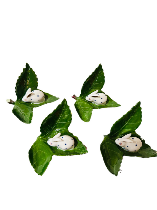 Herend Blue & White Bunny on Green Leaf Placecard Holders