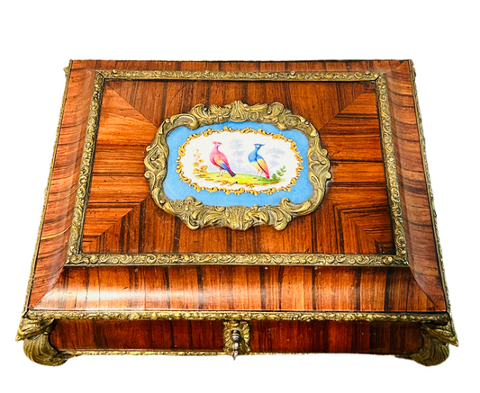 Napoleon III Antique Marquetry Box with Sevres Porcelain Plaque & Bronze Bird Mounts