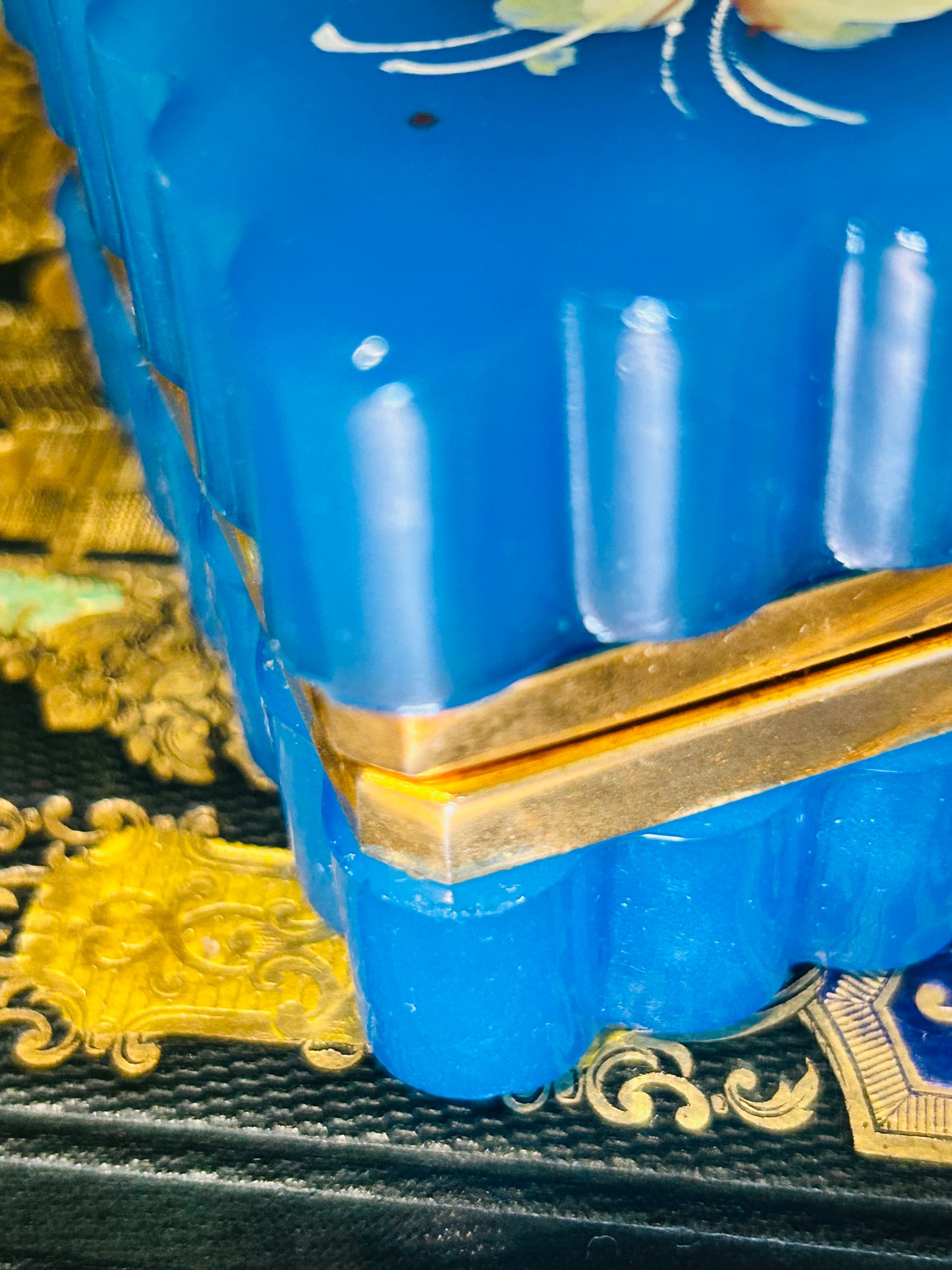 French Antique Blue Handpainted and Fluted  Opaline Casket with Ormolu Mounts