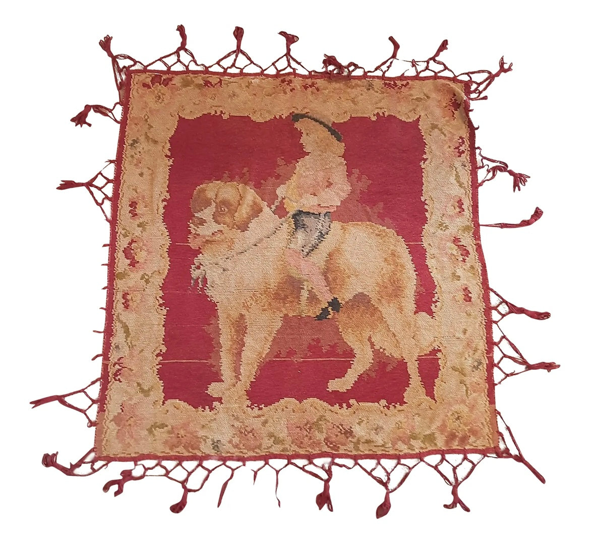 19th-Century Victorian Chenille Tapestry with Boy Riding St. Bernard