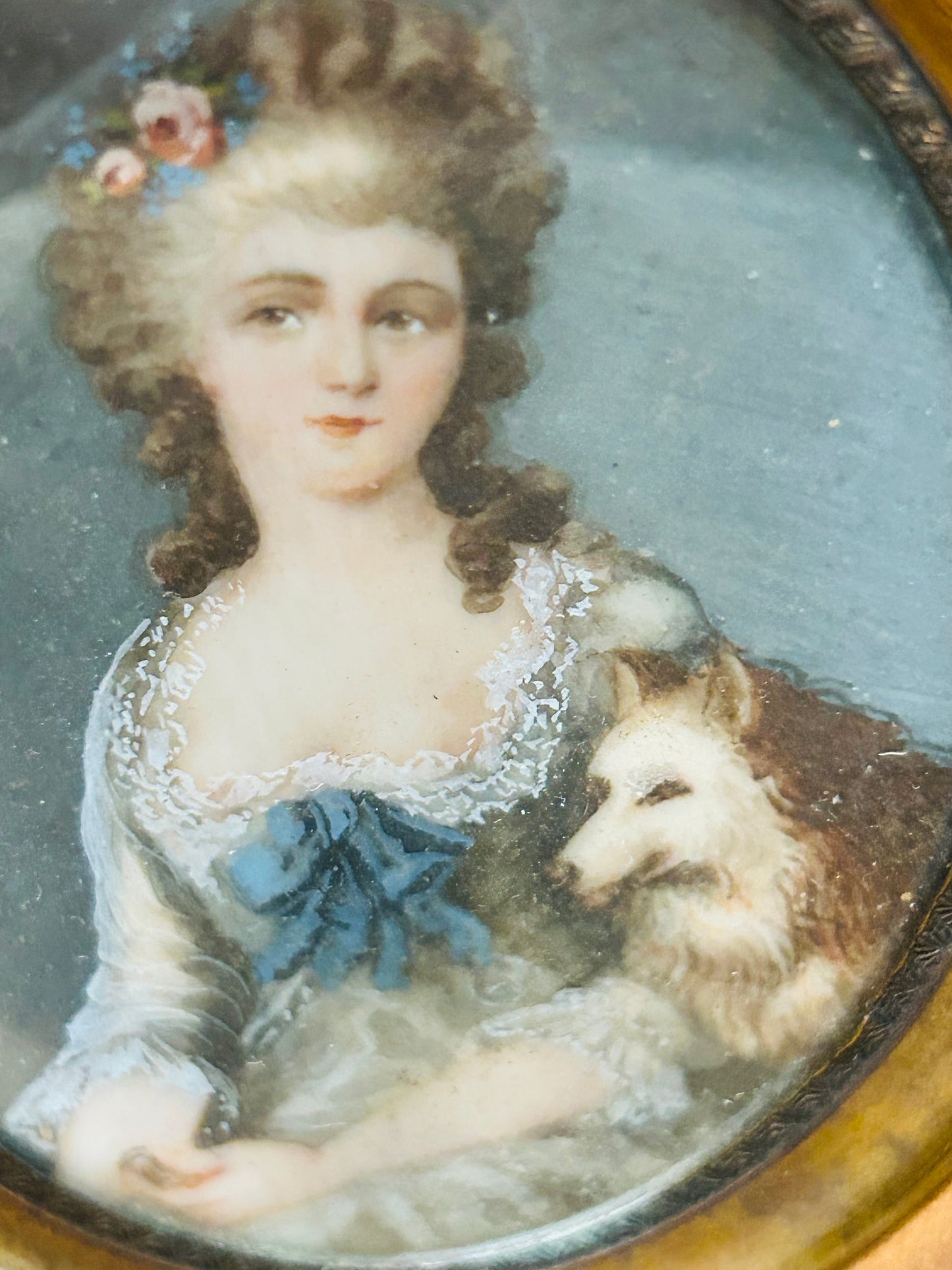 Antique Handpainted French Miniature Portrait Featuring Lady with Her Dog