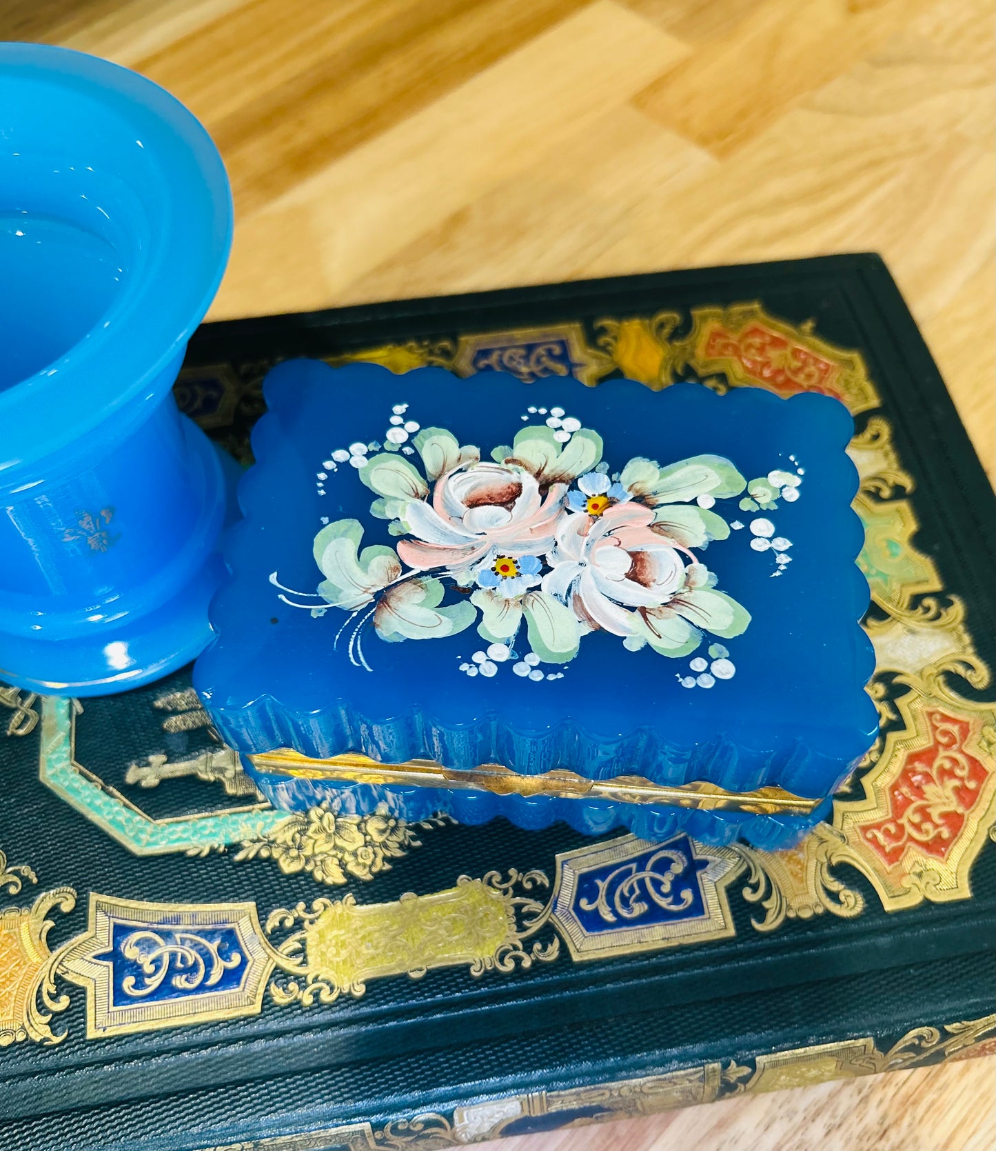 French Antique Blue Handpainted and Fluted  Opaline Casket with Ormolu Mounts