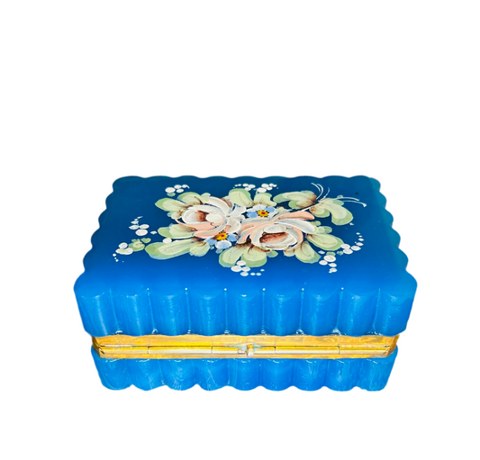 French Antique Blue Handpainted and Fluted  Opaline Casket with Ormolu Mounts