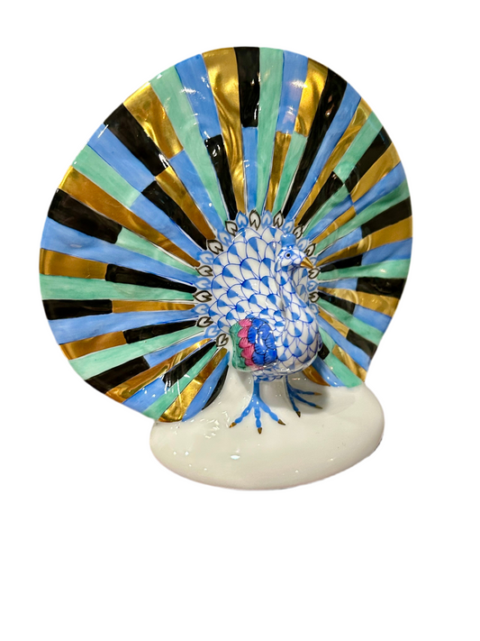 Herend Blue Fishnet Peacock Figurine