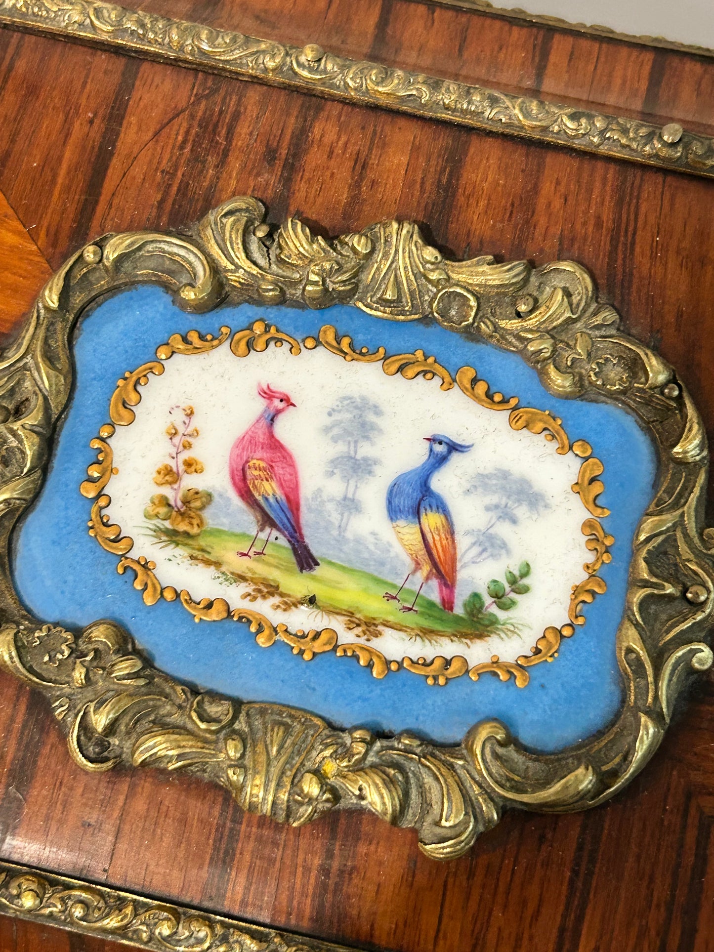 Napoleon III Antique Marquetry Box with Sevres Porcelain Plaque & Bronze Bird Mounts