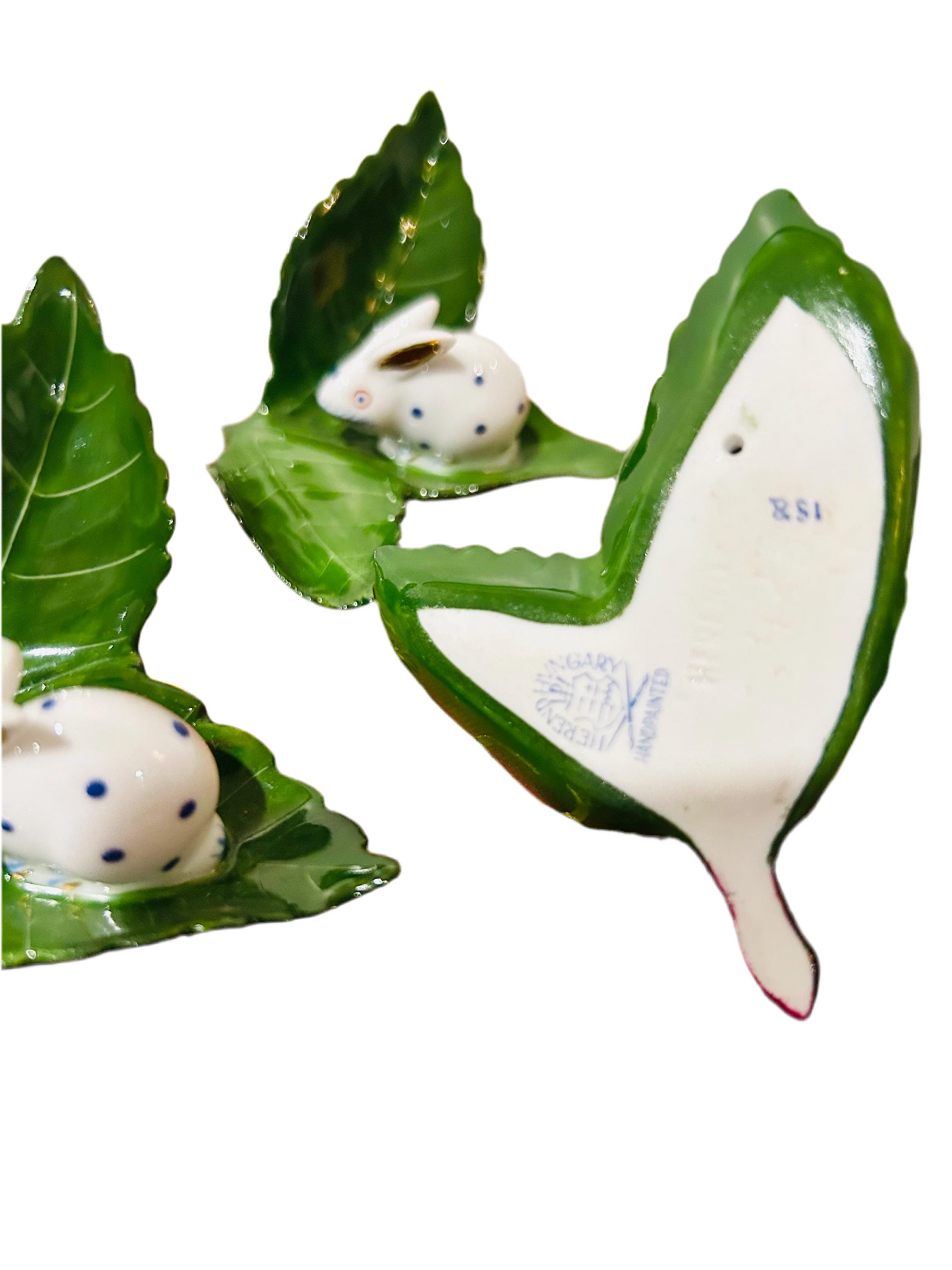 Herend Blue & White Bunny on Green Leaf Placecard Holders