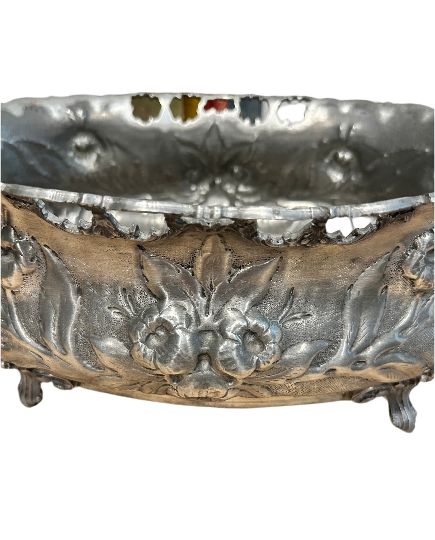 Vintage French pewter jardiniere with dragon handles