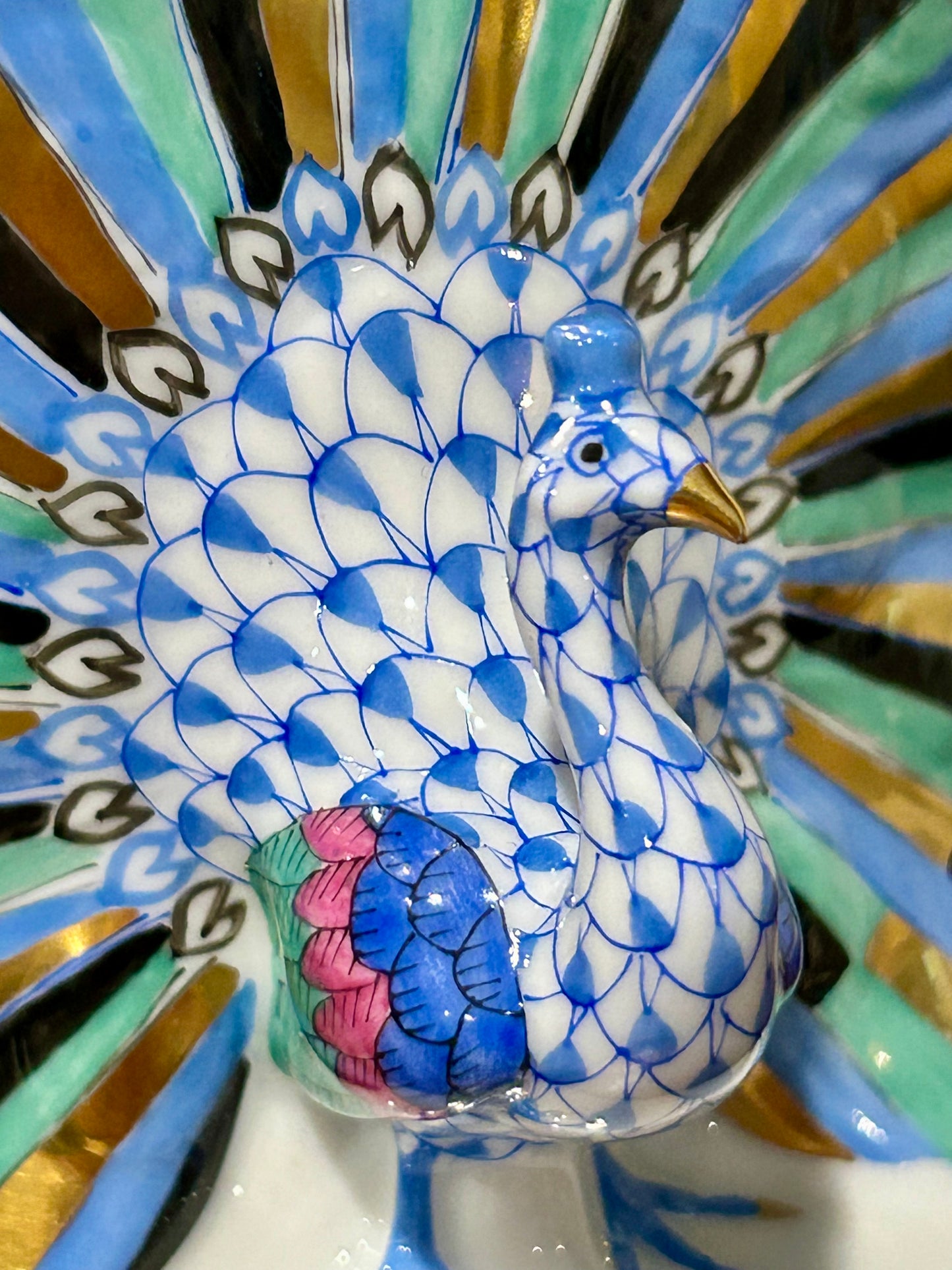 Herend Blue Fishnet Peacock Figurine