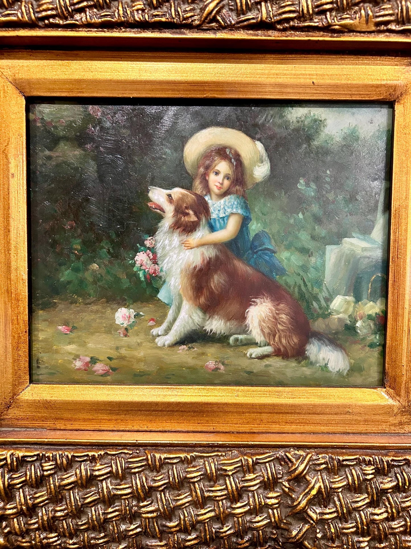 Vintage Oil Painting of Young Girl & Dog