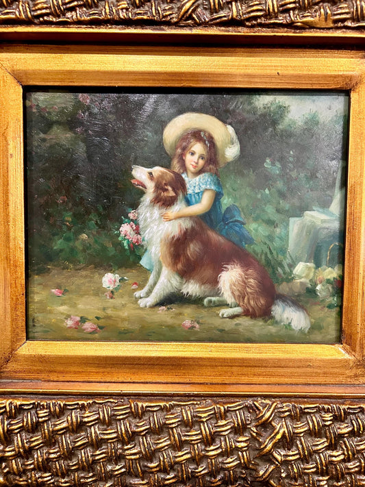 Vintage Oil Painting of Young Girl & Dog